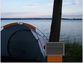photo of a tent on a lake with drawing of an air conditioner connected to the window