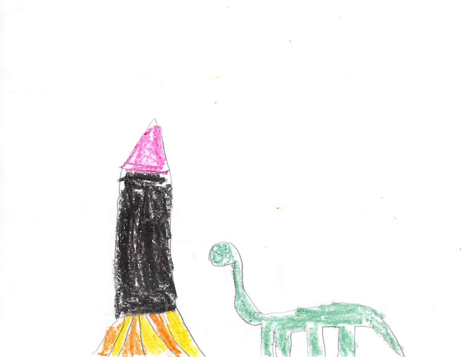 drawing of a dinosaur next to a rocket